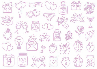 Big outline set of Valentine's Day and love icons. Hand drawn vector doodle collection with hearts, gifts, lingerie, perfume, and romantic drinks.