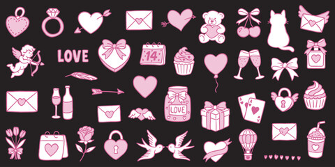 Large collection of vector pink stickers and icons on the theme of love and romance: hearts, gifts, cupid, ring, envelopes, teddy bear. Perfect for Valentine's Day design and decoration.