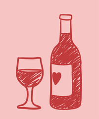  Red sketched wine bottle with a heart label and a glass. Hand-drawn illustration of love, romance, celebration, and elegant drink