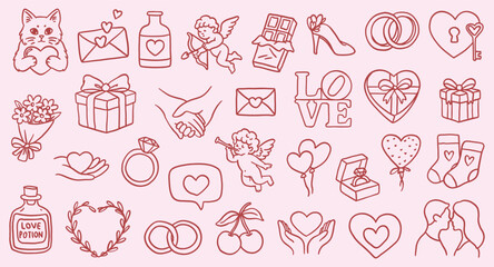 Large collection of outline (line art) illustrations and stickers on the theme of love: hearts, cupids, rings, cats, gifts, hugs, kisses. Perfect for design, print, and coloring books for Valentine's 