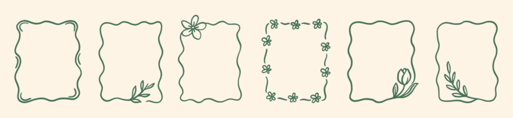 Hand drawn floral frame set in minimal line art style. Decorative borders with leaves and flowers for branding, packaging, invitations, planners, wedding and feminine designs.