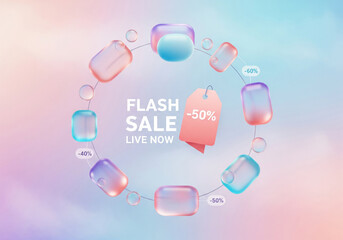 Abstract flash sale promotion banner with futuristic bubble shapes and discount offers