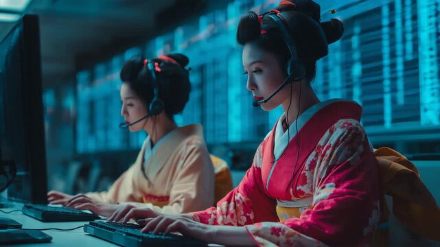 コールセンターで業務に取り組む舞妓たちの現代的な働き方