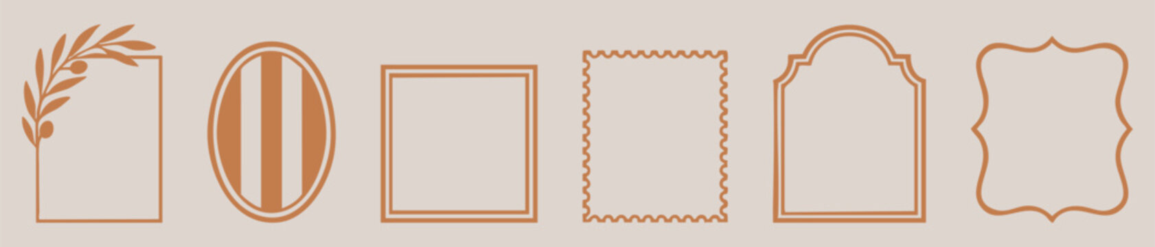 Set of six vintage and modern decorative frames, labels, and borders. Design elements for invitations, packaging, certificates, or branding.