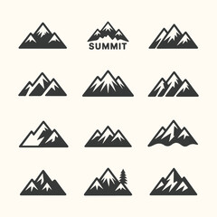 Set of Mountain Icons and Summit Symbol Illustrations peak nature