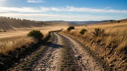 Naklejka premium Winding Dirt Road Through Golden Fields Under a Blue Sky.