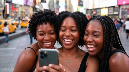 Three happy african american women friends using smartphone outdoors in city. Cheerful diverse female looking at mobile screen and smiling. Fun memories in urban setting.