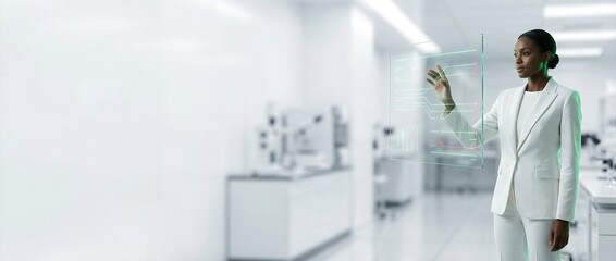 African american woman interacting with transparent screen in modern laboratory. Future science and technology concept for research and innovation.