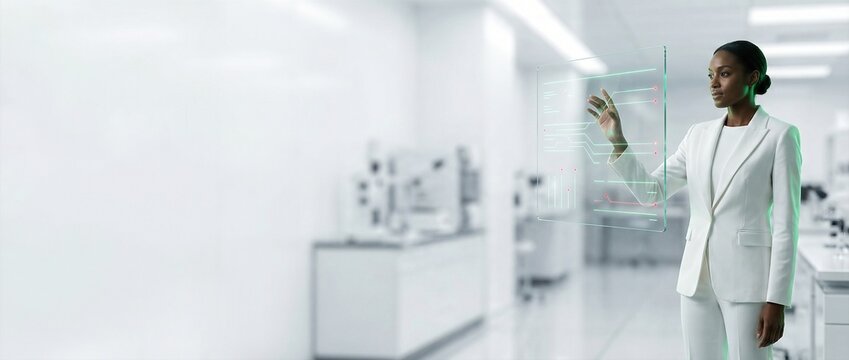 African american woman interacting with transparent screen in modern laboratory. Future science and technology concept for research and innovation. - Powered by Adobe