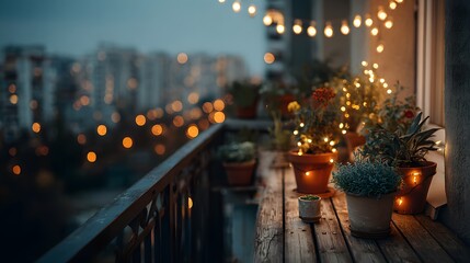 Obraz premium Cozy apartment balcony at dusk features potted plants wrapped in warm fairy lights while city lights twinkle in the distant view.
