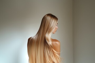 Naklejka premium A beautiful woman with long, flowing blonde hair. A portrait capturing her elegance and grace. Ideal for fashion, beauty, and lifestyle content.