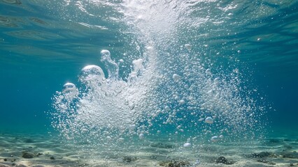 Underwater Bubbles Rising from the Seabed in Clear Blue Water.