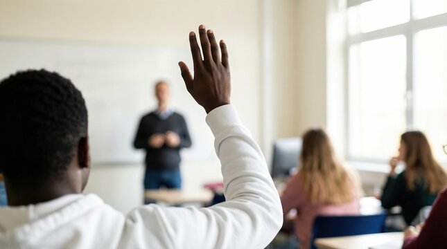 African american student with raised hand asking question in classroom. Education and learning concept for young people. Black History Month.