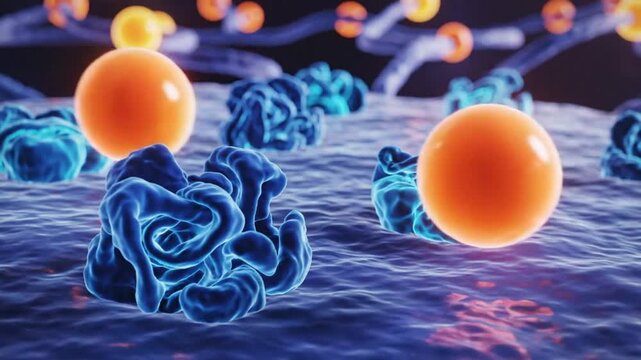 Abstract microscopic view of molecules and chemical processes with particles and energy bursts in a biological system