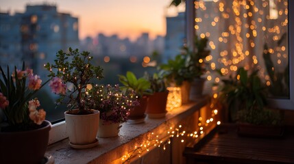 Obraz premium Cozy apartment balcony at dusk features potted plants wrapped in warm fairy lights while city lights twinkle in the distant view.
