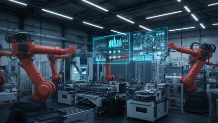 A futuristic factory scene showcases robotic arms operating machinery with holographic data displays, hinting at automation - Powered by Adobe