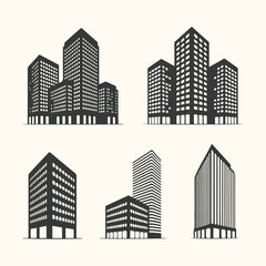 Fototapeta premium Six Stylized Black Silhouettes Of Modern City Buildings architecture skyscraper