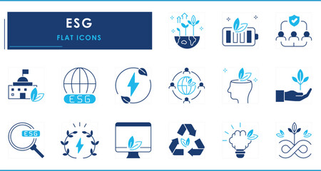 A set of flat icons related to ESG. Environment, social, energy, clean, people, and so on.