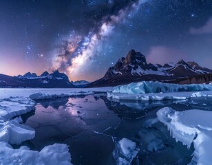 Spectacular milky way over frozen lake and snow-covered mountains in winter night