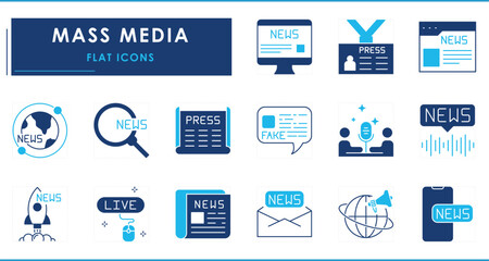 A set of flat icons related to Mass Media. Media, news, fake, earth, global, interview, search, newspaper, and so on.