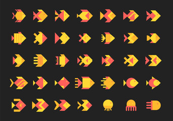 Geometric Fish Icons Set. Minimal Ocean Animal Vector Collection in Yellow and Coral. Abstract Low Poly Fish Shapes for Stickers, Logos, and Clipart