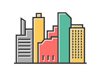 City skyline illustration featuring a collection of modern colorful buildings and skyscrapers representing urban development and growth