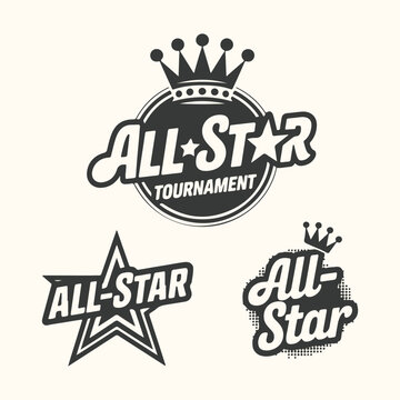 Three black and white all star tournament logos with crowns emblem badge