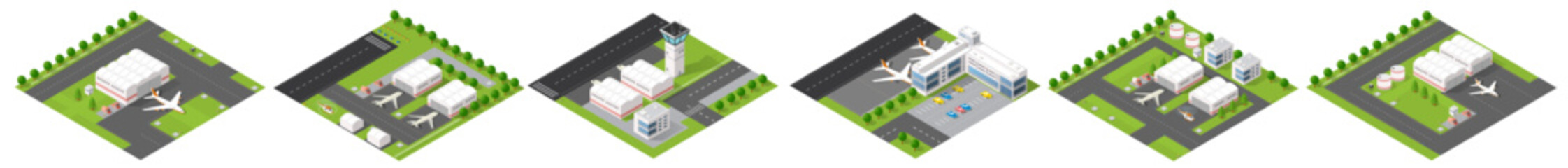 Airport isometric tiles creating aviation infrastructure elements
