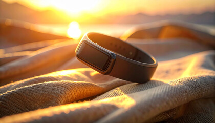 Fitness Tracker in Sunset Glow: A sleek fitness tracker rests elegantly on textured fabric, bathed in the warm, golden light of a sunset, symbolizing health and wellness.