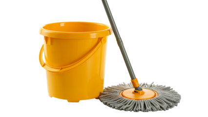 Bright yellow plastic bucket and a mop with grey fabric head resting on a clean Isolated on white or transparent PNG.