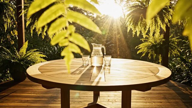 Luxury wood furniture including a table and chairs sits on a tropical restaurant terrace patio overlooking a summer resort pool for a relaxing outdoor holiday vacation view