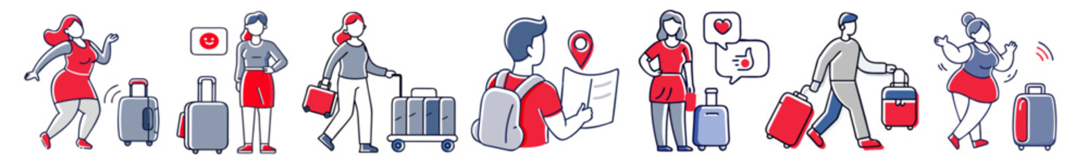 Diverse travelers carrying bags, pulling suitcases, and exploring destinations, illustrating various aspects of global tourism