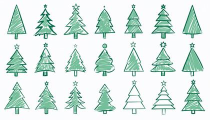 Obraz premium Conjunto de ilustraciones de árboles de Navidad minimalistas, estilo line art, trazos verdes a mano alzada, diseño simple y elegante, árboles abstractos con líneas curvas y espirales.
