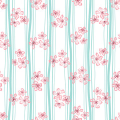 Floral striped seamless pattern in blue and pink colors. Cute hand drawn vertical stripes and small flowers, pretty spring print, wallpaper, textile design, repeat background. Vector illustration.