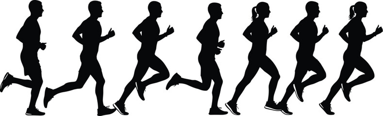 Set of Running Silhouettes for Men and Women: Jogging, Marathon, and Sprinting Figures in Action, Athletes Training for Fitness and Sports Competition Vector Graphics, Black and White.