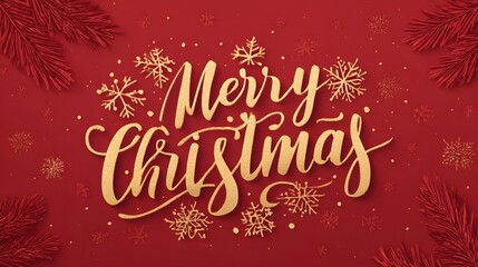 Calligraphic “Merry Christmas” in radiant gold foil, crimson backdrop packed with crystalline snowflakes & pine needles, ultra-sharp vector, rich texture