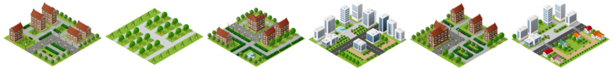 City planning development illustrating the evolution from green field, to residential, and finally to modern urban areas