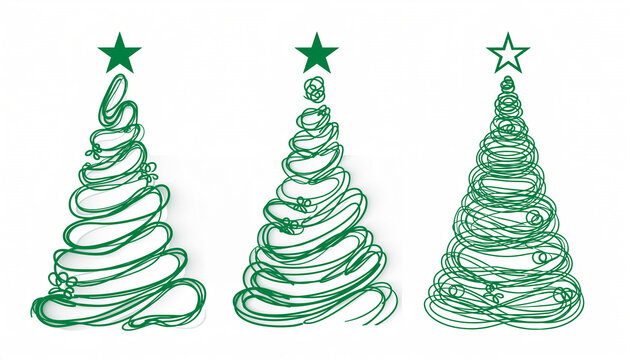 Conjunto de ilustraciones de &aacute;rboles de Navidad minimalistas, estilo line art, trazos verdes a mano alzada, dise&ntilde;o simple y elegante, &aacute;rboles abstractos con l&iacute;neas curvas y espirales.