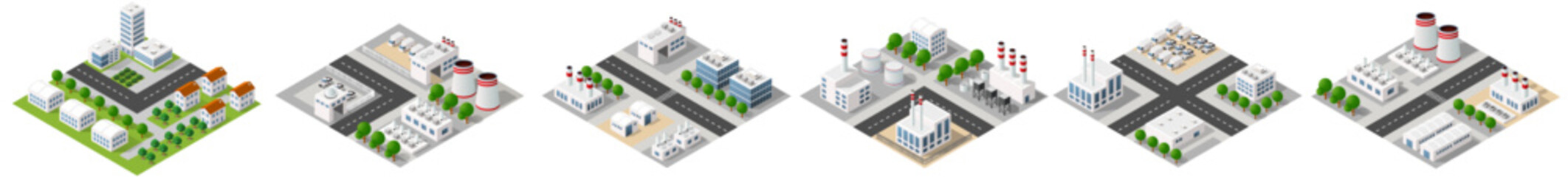 Isometric city map showing an urban landscape with diverse buildings, green areas, roads, residential houses, and factories