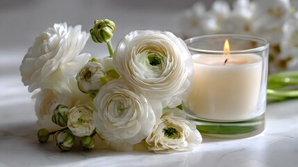 Elegant flatlay displays white ranunculus flowers and a lit scented candle on a pristine white surface evoking a spa wellness theme.