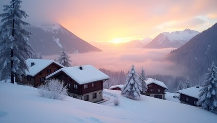 Snowy Mountain Village at Sunrise — Peaceful Winter Travel Scene