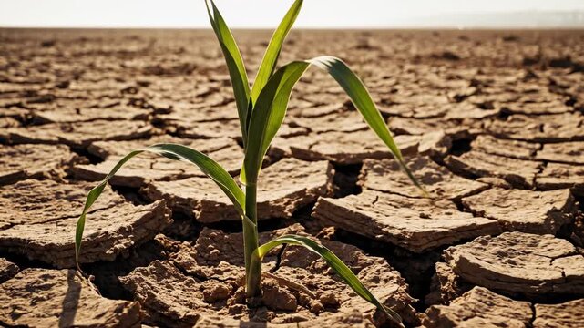 Establishing wide shot focusing on a lone, tenacious green stalk flourishing within a vast expanse of heavily cracked, desolate, and drought-ridden brown earth nature, flourishing within, resilience