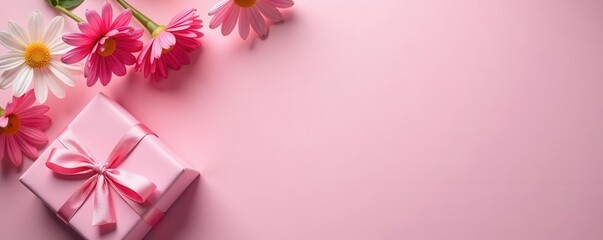 Pastel pink table, gift box, flowers overhead , sweet, flat lay
