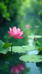 Obraz premium Peaceful pink lotus blossoms & lush green leaves float on calm canal water Watercolor style , visual, photography, painting