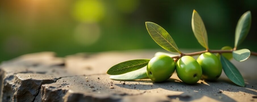 Olive branch with immature olives on stone Represents peace and hope for Maundy Thursday , teaching aid, background - Powered by Adobe