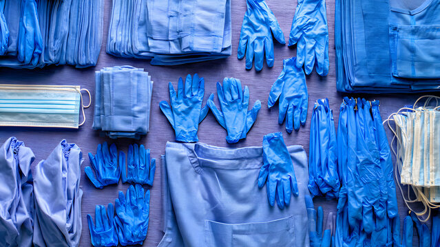 PPE flat-lay with folded aprons, gloves, and thyroid shields