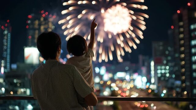 都市の屋上で肩車をしながら花火を見る、日本人親子