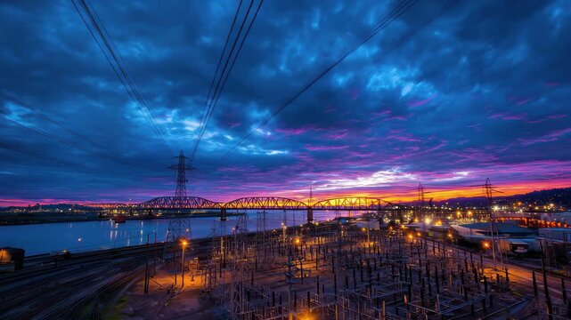 Electrical substation and bridge at dramatic sunset with vivid blue and purple clouds, 4k high quality footage