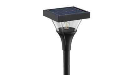 Black solar powered garden light with clear plastic shade and single bulb Isolated on white or transparent PNG.