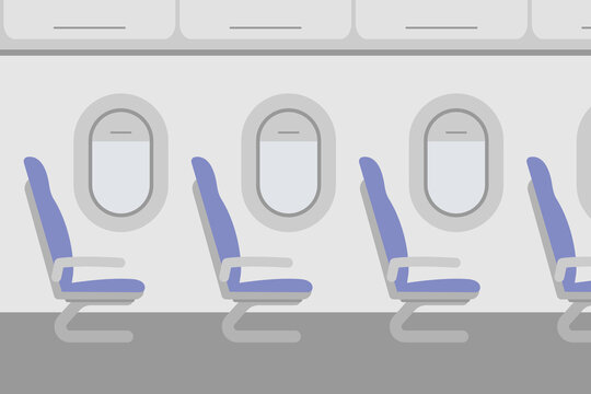 Side view of the Interior of an airplane cabin with rows of seats and flat-style portholes.